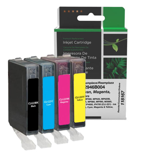 Black, Cyan, Magenta, Yellow Ink Cartridges for Canon CLI-221 4-Pack