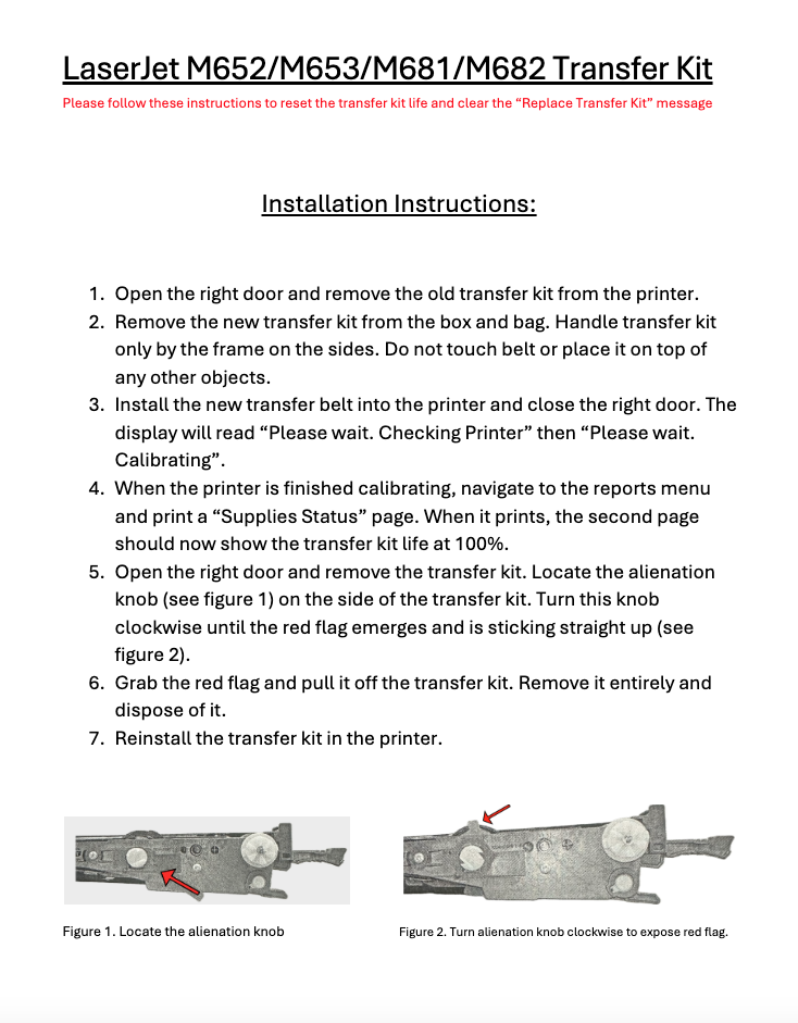 HP Color LaserJet M652 M653 M681 M682 E65050 E67650 E67660 Image Transfer Kit P1B93A